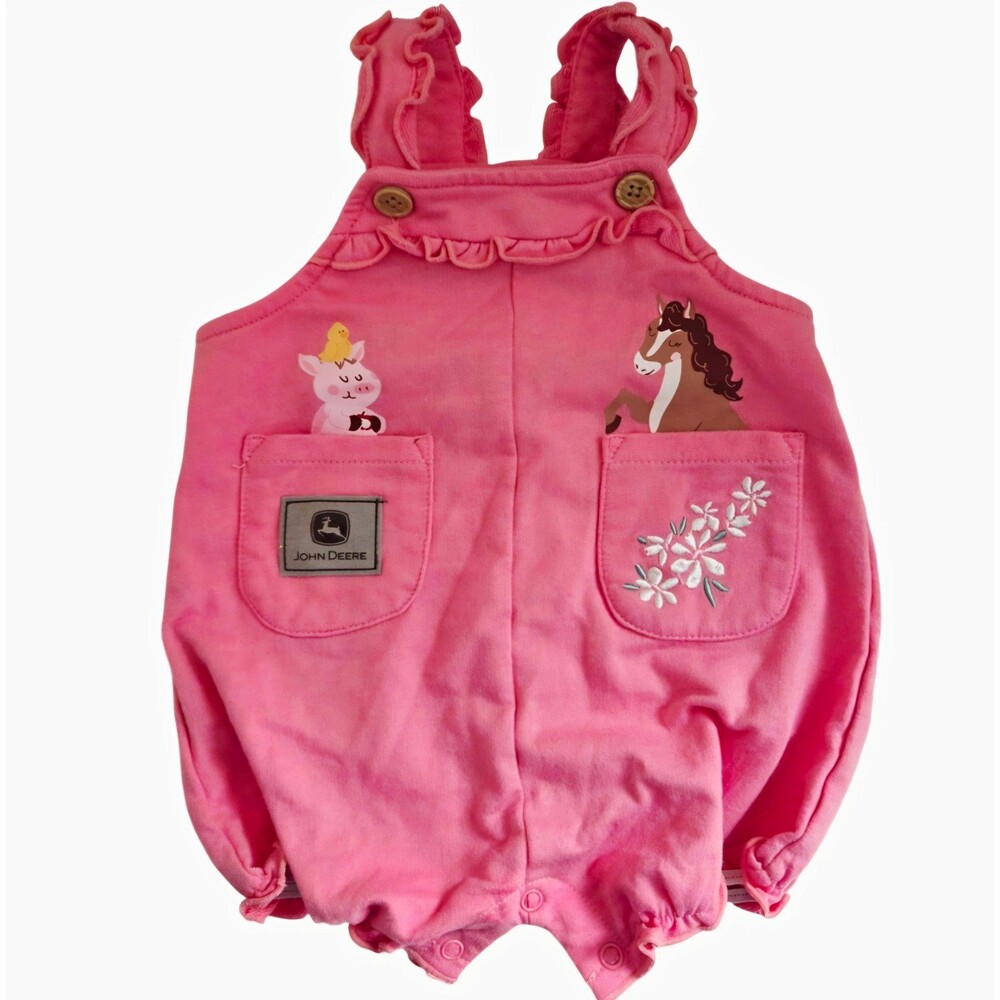 John Deere Pink Fleece Romper One-Piece Embroidered Farm Horse 3-6M